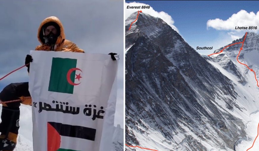 L’alpiniste algérien Nessim Hachaichi brandit le drapeau palestinien au sommet du Lhotse